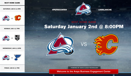 Next home game schedule graphic listing upcoming Avalanche matchups, highlighting Saturday January 2nd at 8:00PM versus the Calgary Flames