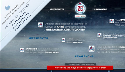 Twitter feed panel showing fan and player tweets tagged #AVS, #PepsiCenter, and #Avalanche, with a follow-on-Twitter call-to-action