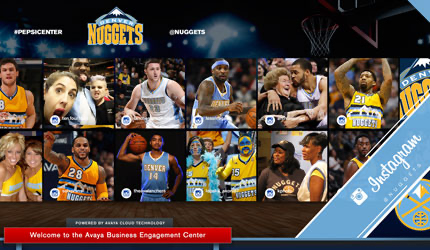 Grid of Instagram fan photos and player photos with an Instagram badge for the Nuggets account overlaid in the corner