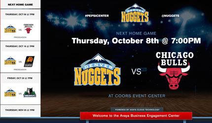 Next home game schedule graphic highlighting Thursday October 8th at 7:00PM versus the Chicago Bulls at Coors Event Center