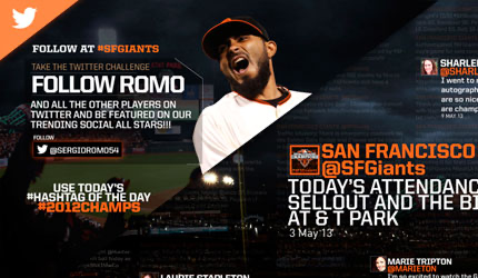 Twitter challenge graphic encouraging fans to follow player Sergio Romo, shown alongside a fan photo wall and attendance tweet