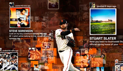 Instagram fan-photo collage on the video wall, featuring a player photo layered over posts from fans at the ballpark