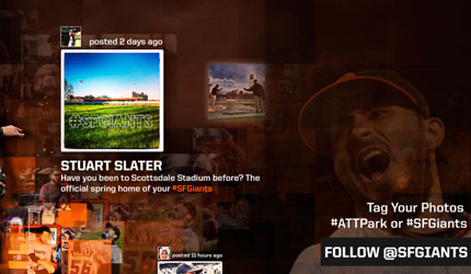 Fan Instagram post about Scottsdale Stadium next to a call-to-action to tag photos with #ATTPark or #SFGiants
